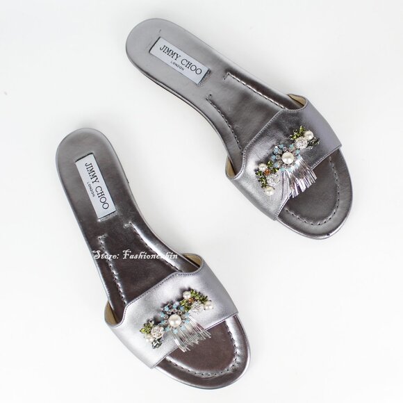 NEW JIMMY CHOO Embellished Metallic Slides - Flats for Resort, Events or Bridal - Picture 1 of 16